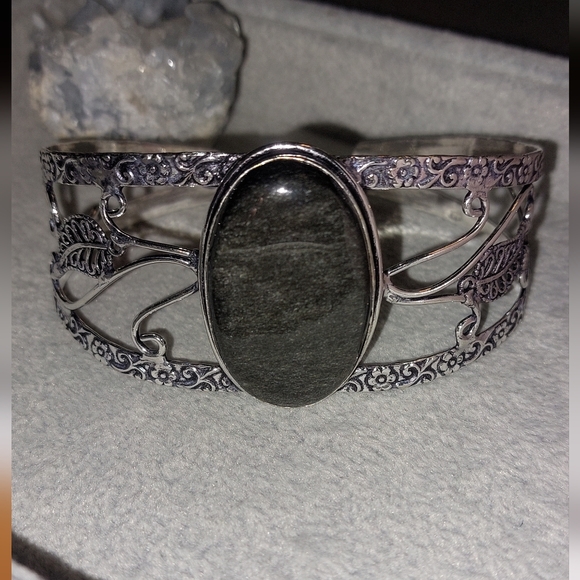 Large Silver Sheen Obsidian Adjustable Bangle Bracelet - Picture 5 of 7